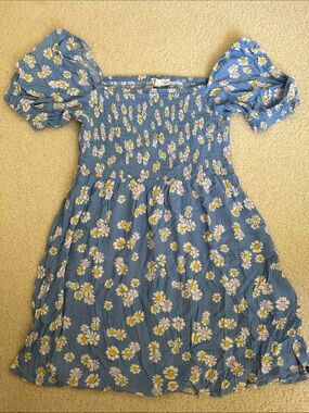 Roxy Blue Daisy Smocked Puff Sleeve Dress